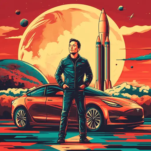 Elon Musk standing between a Tesla electric car and a SpaceX rocket with Mars and Earth in the background.