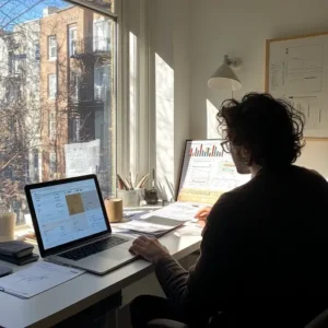 Freelancer at a minimalist desk using a laptop with financial dashboard and graphs, showing modern financial management.