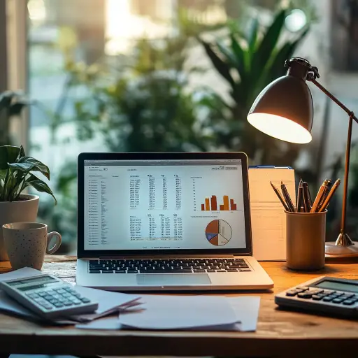 Workspace with a laptop showing financial planning software, papers, a calculator, and a coffee cup, representing freelancer tools.