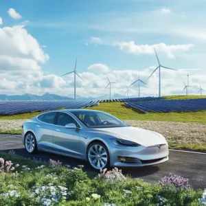 Tesla Model S driving through a landscape with solar panels and wind turbines.